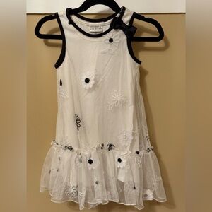 Girls Max Studio White and Black Dress with Floral Stitched Details